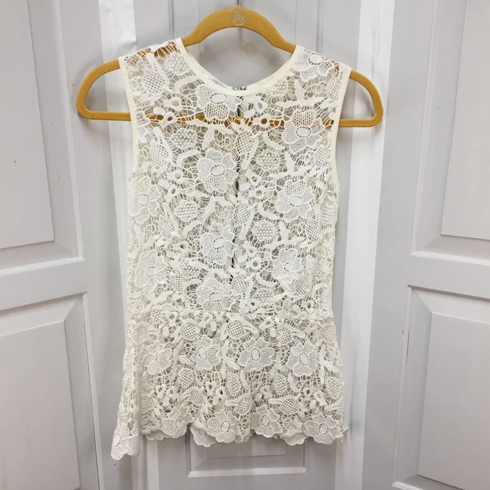 CAbi White Crocheted Lace Sheer Peplum Top